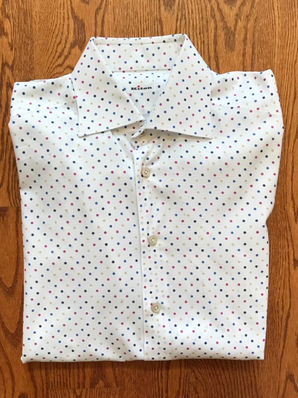 KITON Button Down Sport Dress Shirt Mens 40 16 White Pole Dot Cotton Long Sleeve